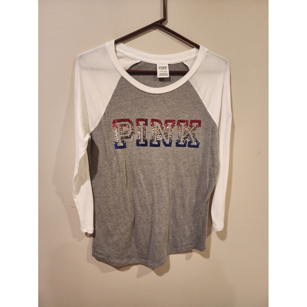 PINK Victoria's Secret Gray & White Raglan Tee with Sequin Logo